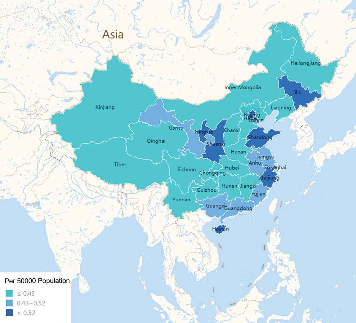 Distribution of cataract surgeons per 50,000 population in China